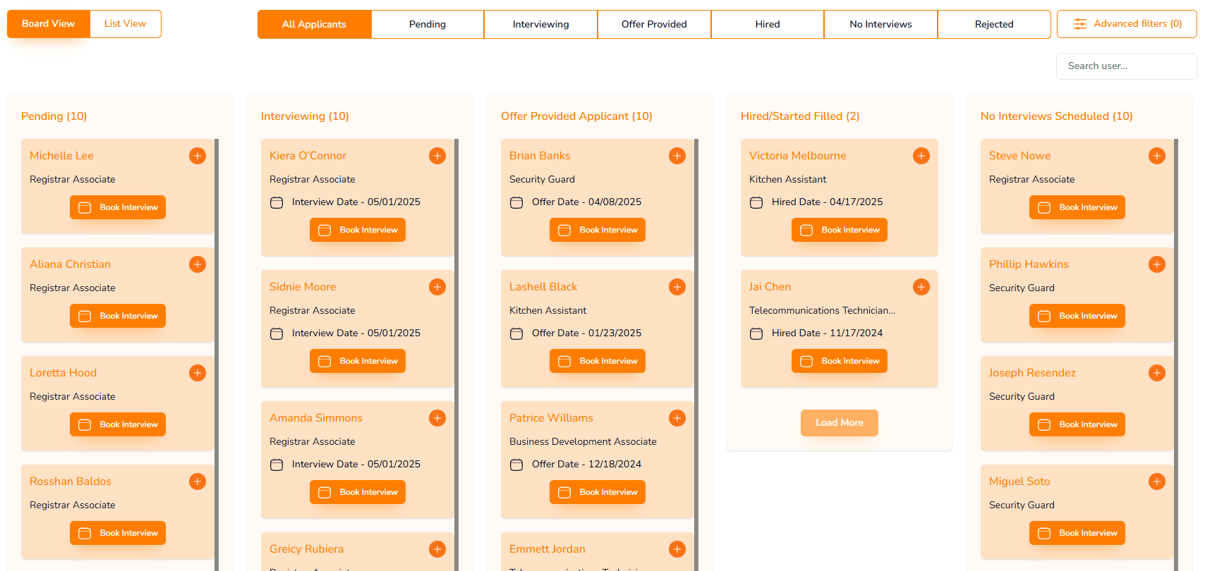 Candidate management dashboard showing applicant tracking