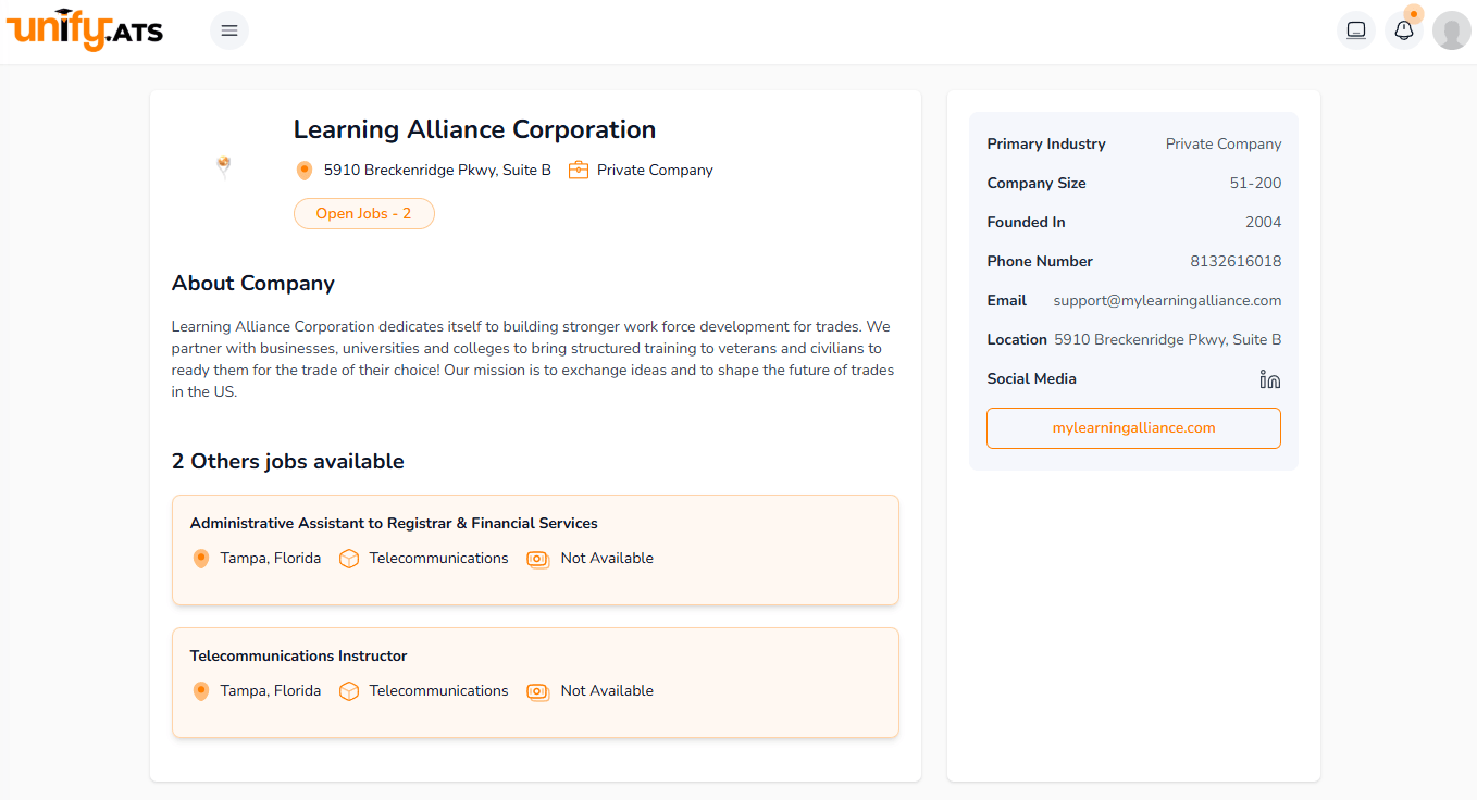 Unify.ATS platform interface showing recruitment workflow